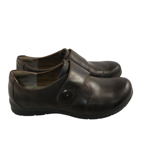 B.O.C BORN BROWN LEATHER ADJUSTABLE STRAP BUTTON SLIP ON COMFORT CLOGS WOMENS SI - Picture 3 of 8
